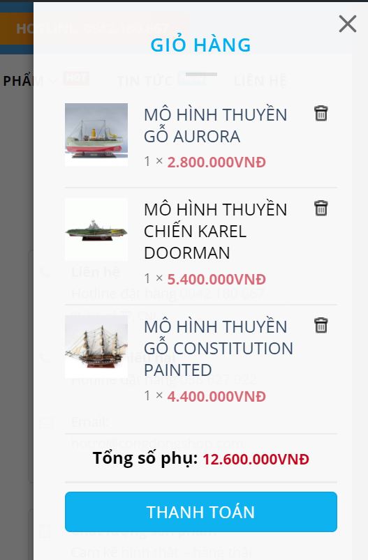 xem giỏ hàng và thanh toán Xem giỏ hàng mô hình thuyền và thanh toán